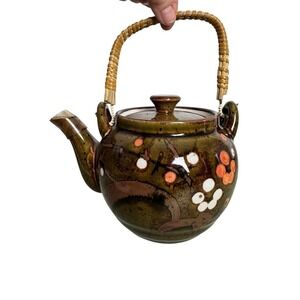 Vintage Japanese Glazed‎ Ceramic Teapot Brown Hand-Painted Lidded Bamboo Handle